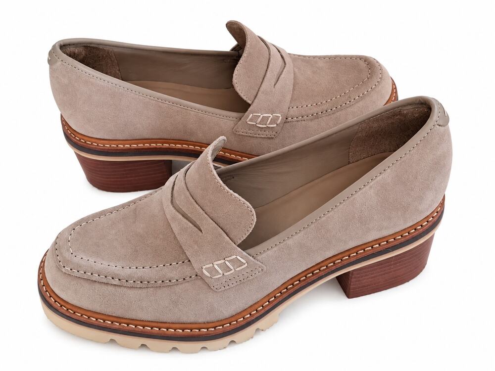 Bernardo Taupe Suede Penny Loafers Lug Sole Chunky Block Heel Women 7M NWOT